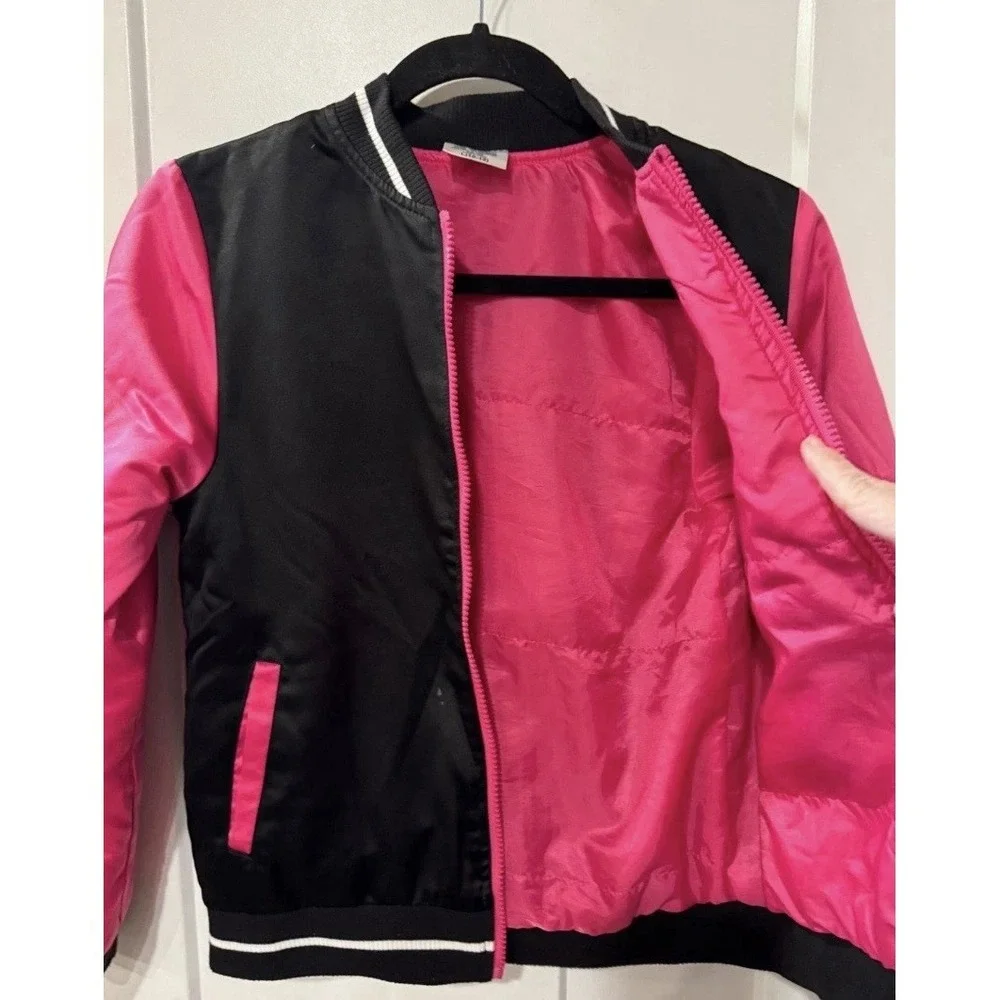 Barbie Limited Edition Bomber Jacket Pink Black Satin Graphic Print Youth XXL 18